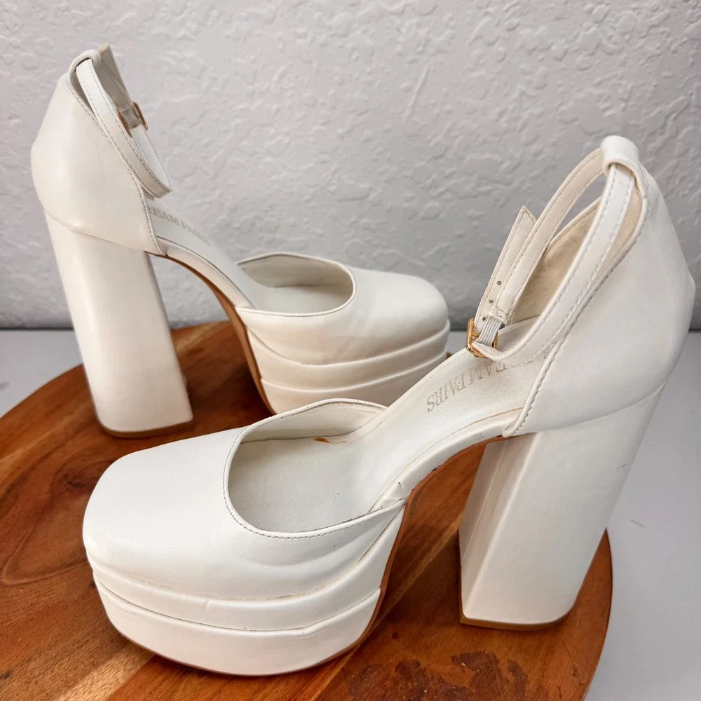 Dream Pairs White Double Platform Chunky Block Heel Square Toe Pumps Size 8.5